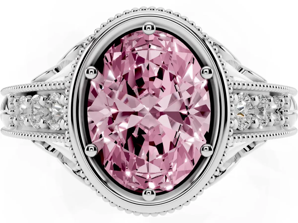 Fancy Pink Bezel Set Oval Cut Diamond Milgrain Pave Engagement Ring Silver