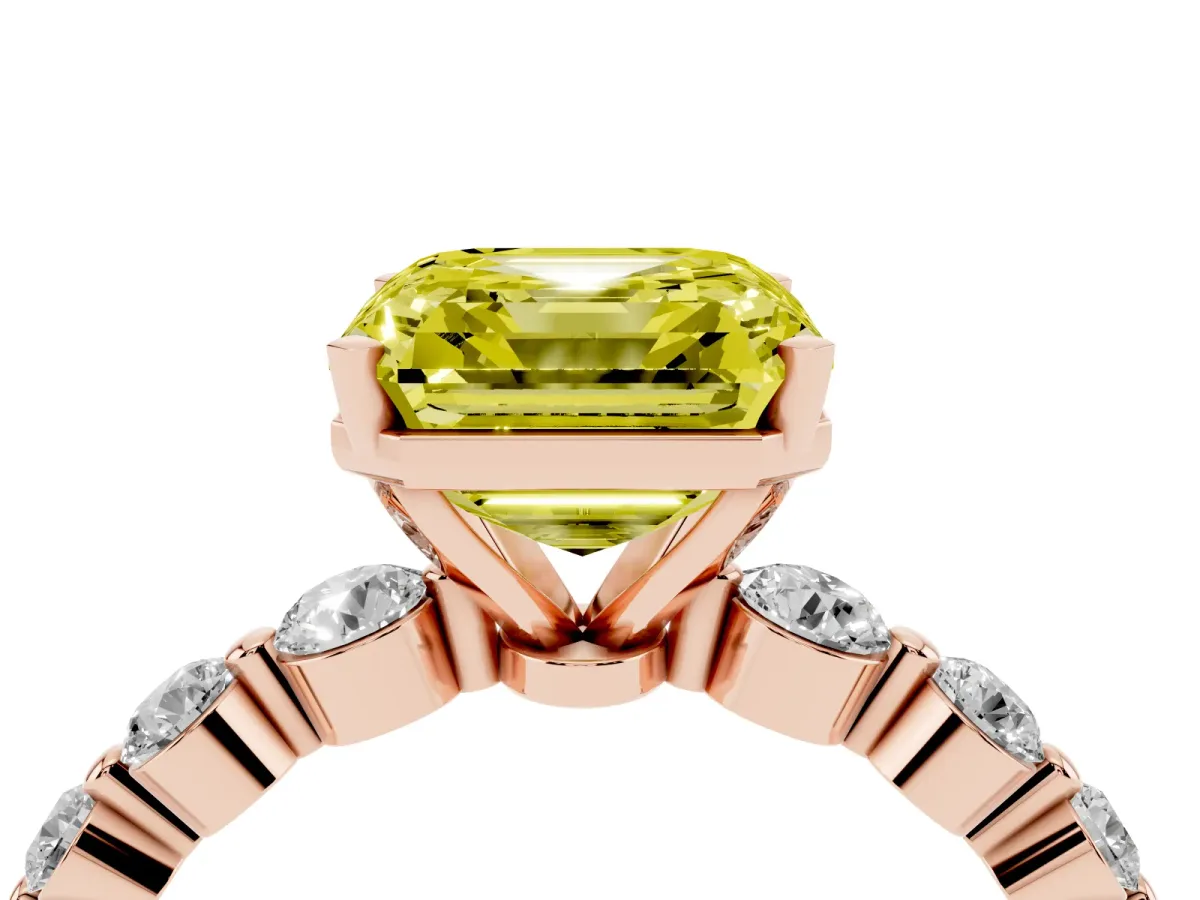 Fancy Yellow Asscher Cut Solitaire Diamond Ring with Pave Band and Four-Prong Setting Rose gold