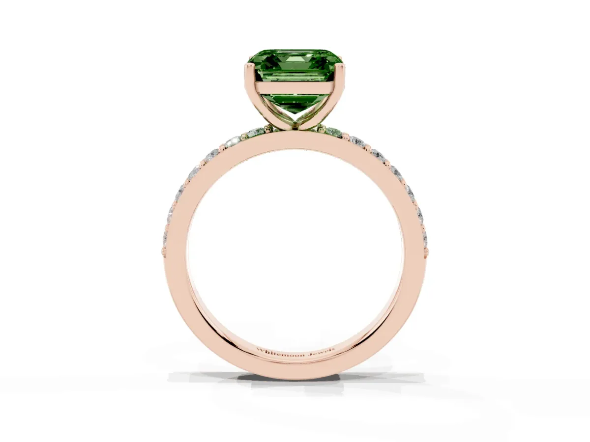 Fancy Green Asscher Cut Cut Diamond Solitaire with Pave Band and Four-Prong Setting Rose gold