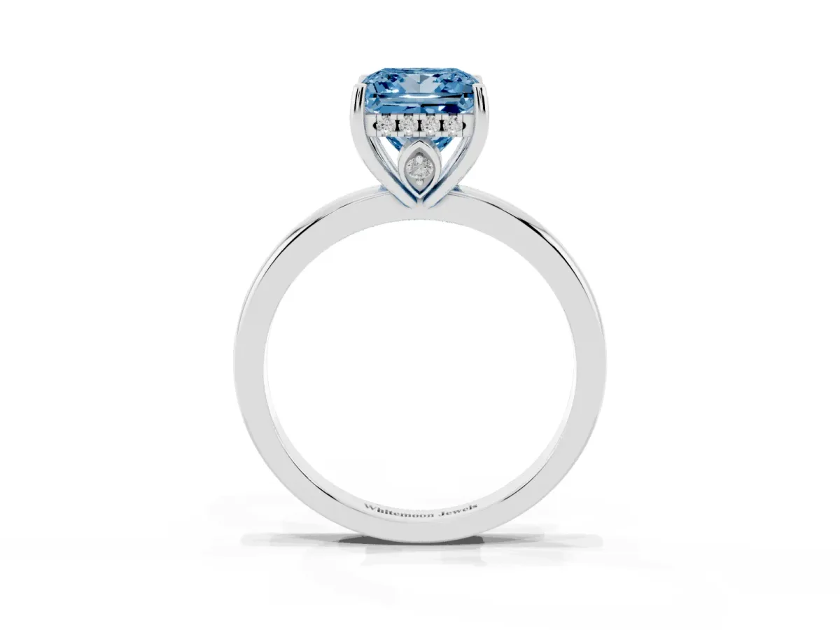 Fancy Blue Princess Cut Solitaire Diamond Ring with Prong Setting and Plain Band Silver
