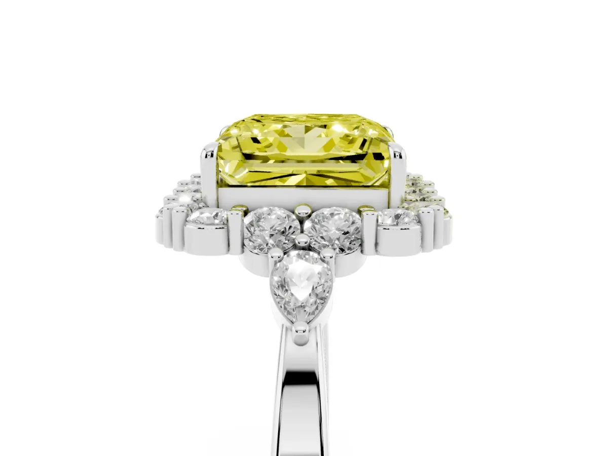 Fancy Yellow Princess Cut Diamond Halo Ring with Pear Side Stones and Prong Setting Silver