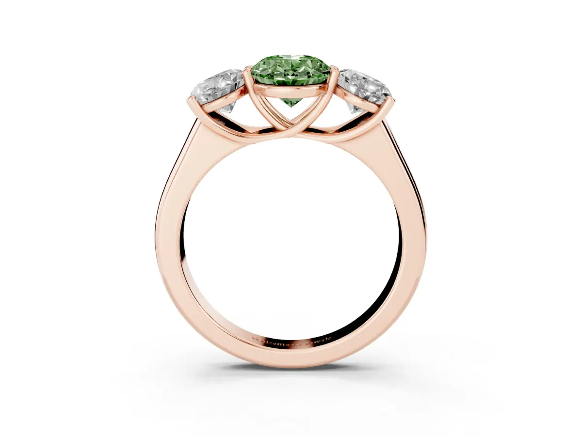Fancy Green Oval Cut Three-Stone Diamond Ring with Prong Setting on a Classic Band Rose gold