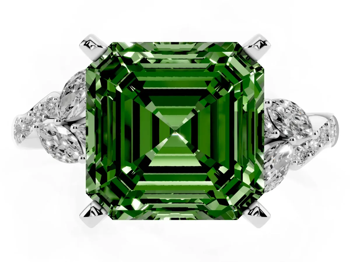 Fancy Green Asscher Cut Solitaire Marquise Twist Band with Six-Prong Setting Silver