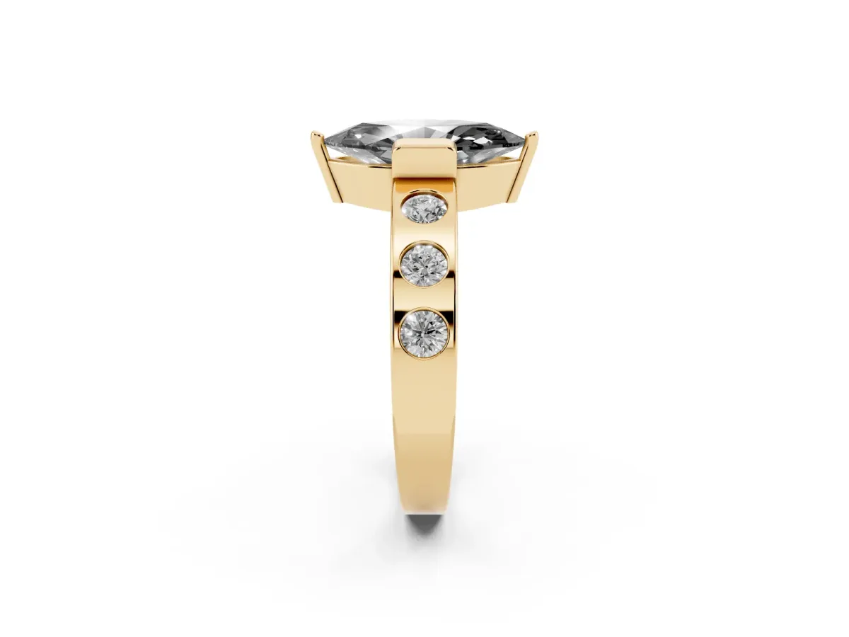 Fancy Black Marquise Cut Brilliant Channel-Set Diamond Ring with Bezel Prong Setting Yellow gold