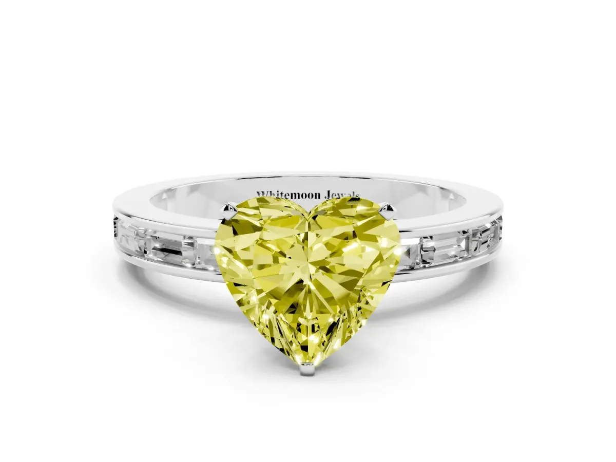 Fancy Yellow Heart Cut Solitaire Diamond Ring with Channel-Set Baguette Band and Four-Prong Setting Silver