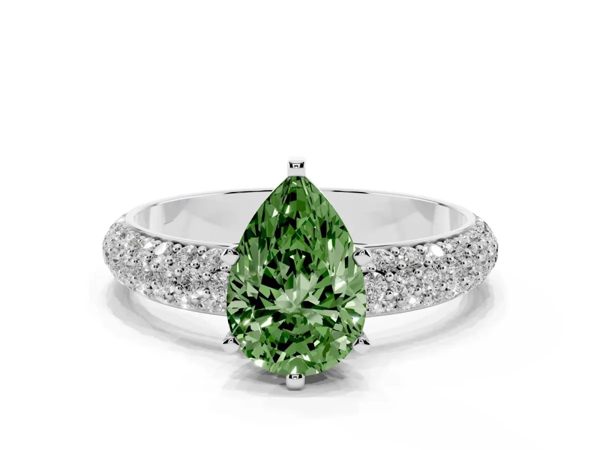 Fancy Green Pear Cut Diamond Solitaire Ring with Prong Setting and Pavé Band Silver