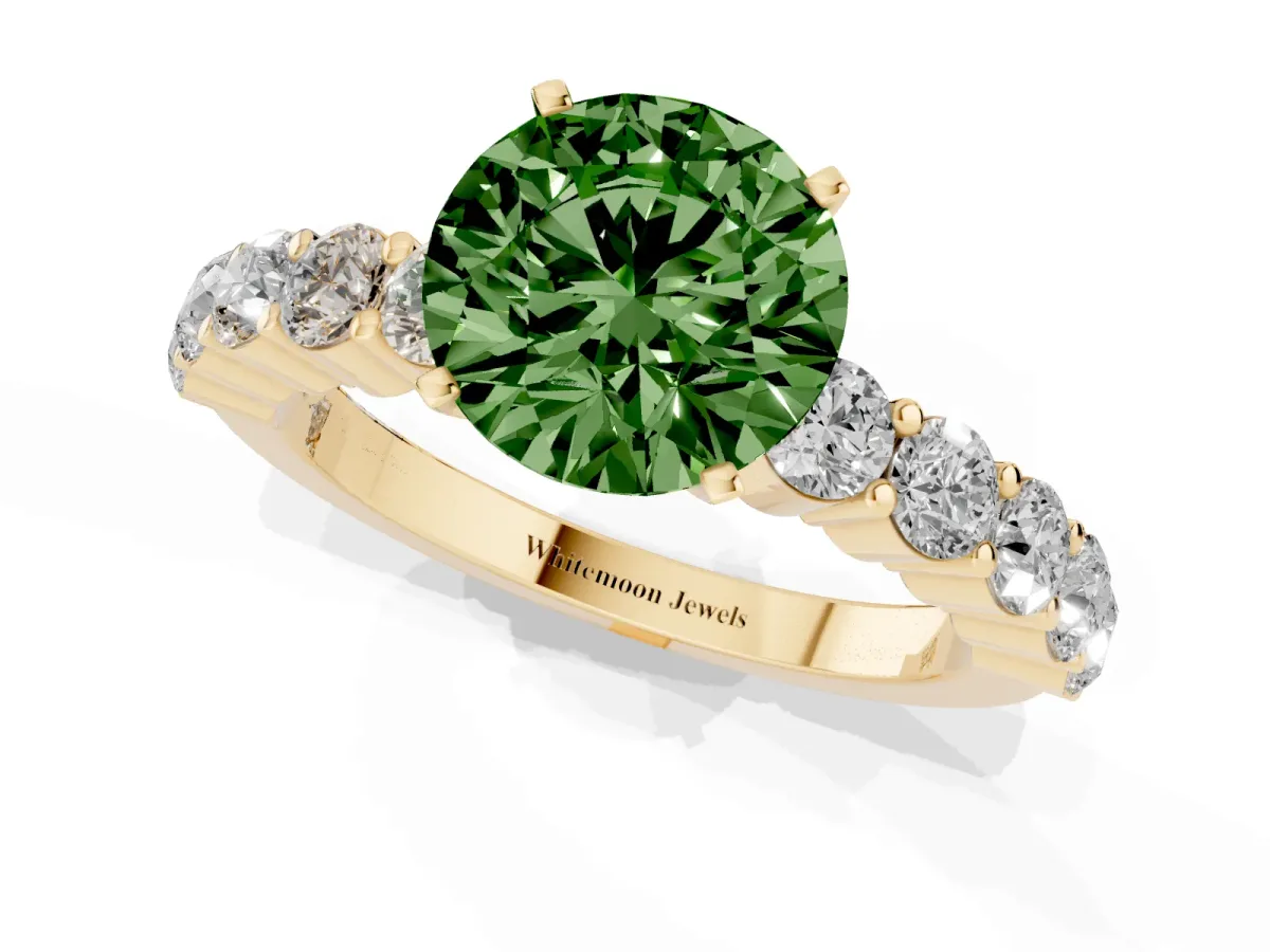 Fancy Green Round Cut Diamond Solitaire Ring with Shared Prong Round Side Stones Yellow gold