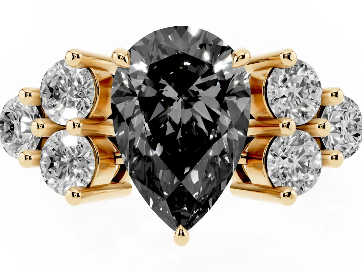 Fancy Black Pear Cut Brilliant Diamond Cluster Accent Solitaire Ring with Prong Setting Yellow gold