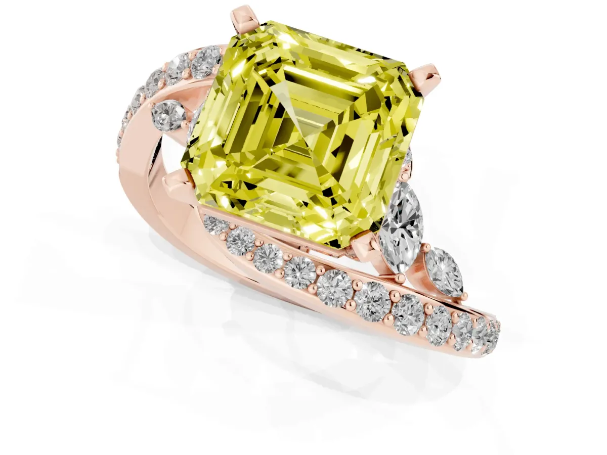 Fancy Yellow Asscher Cut Solitaire with Pavé Twist Band and Four-Prong Setting Rose gold