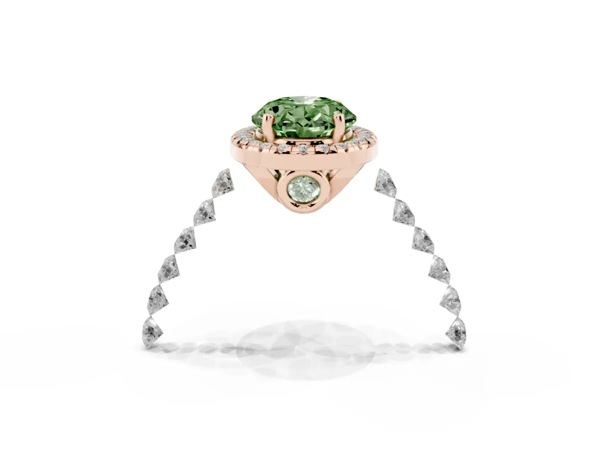 Fancy Green Oval Cut Halo Pavé Diamond Engagement Ring with Four-Prong Setting Rose gold