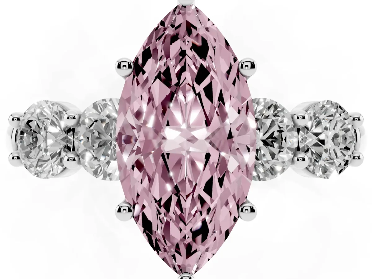 Fancy Pink Marquise Cut Cut Five-Stone Prong Set Diamond Ring with Classic Band Silver
