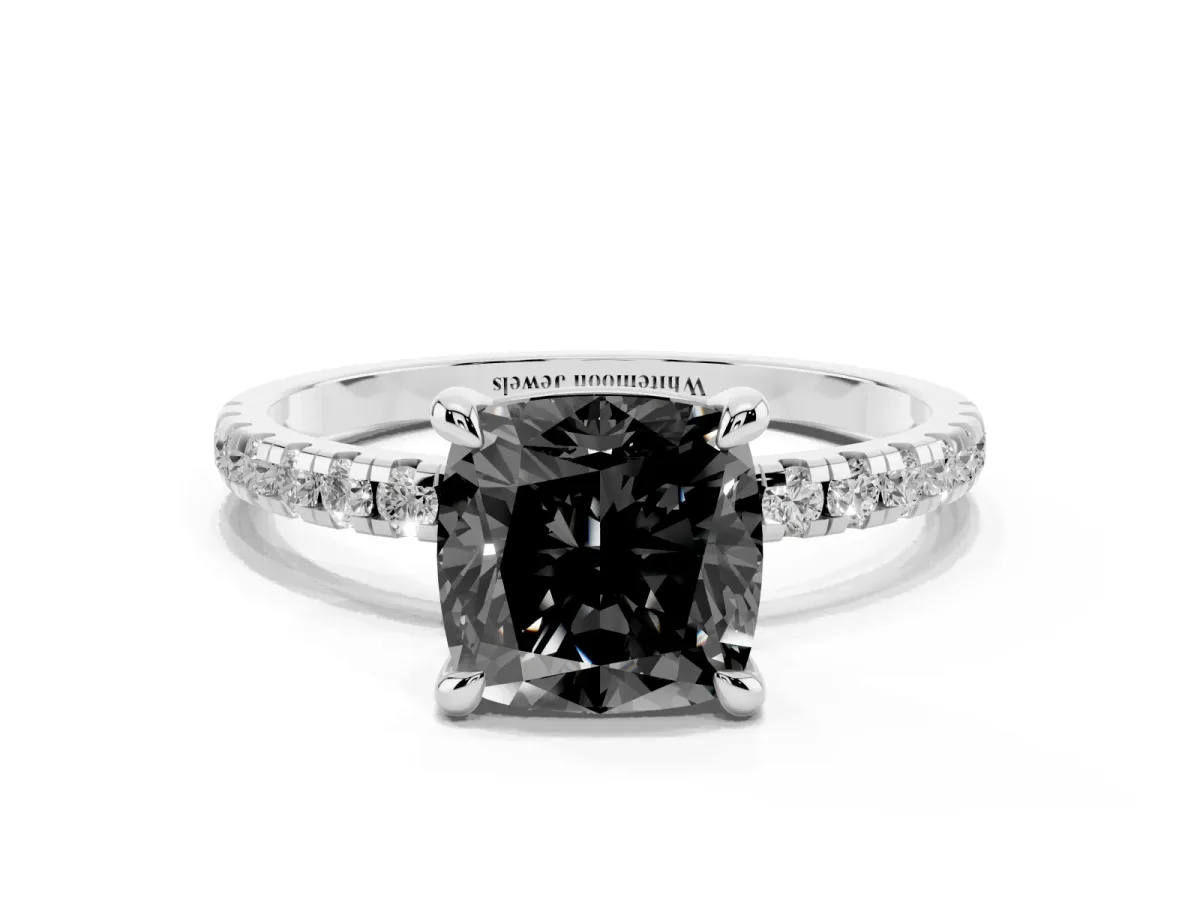 Fancy Black Cushion Cut Diamond Brilliant Solitaire Ring with Pavé Band and Four-Prong Setting White gold