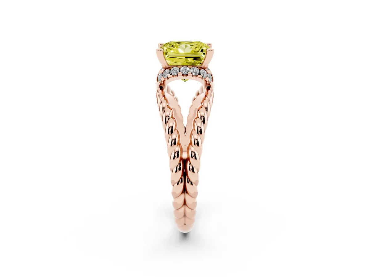 Fancy Yellow Princess Cut Halo Twisted Band Four-Prong Ring Rose gold