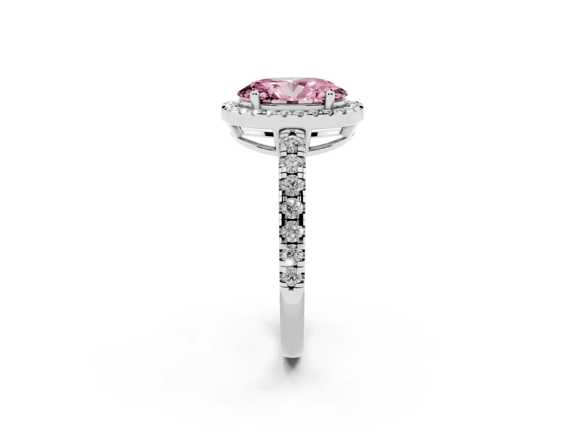 Fancy Pink Oval Cut Diamond Halo Ring with Pavé Band and Four-Prong Setting Platinum