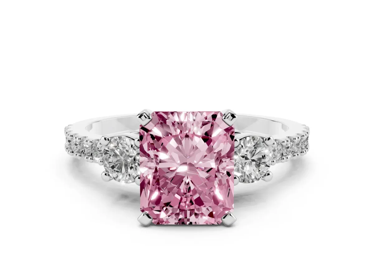 Fancy Pink Radiant Cut Three-Stone Diamond Pavé Band with Prong Setting Platinum