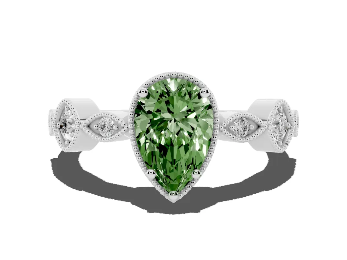 Fancy Green Pear Cut Diamond Vintage Milgrain Ring with Round Stations Platinum