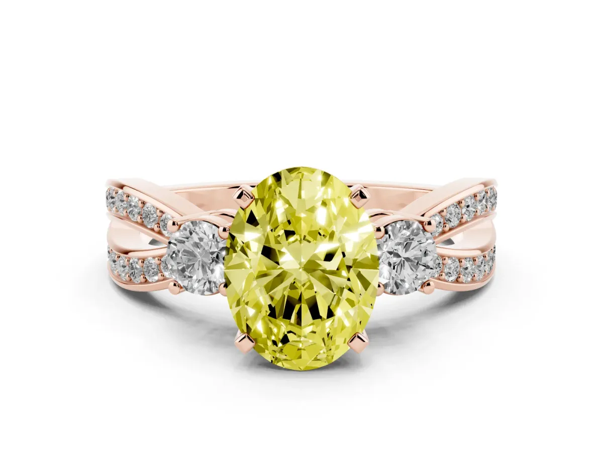 Fancy Yellow Three-Stone Oval Cut Cut Diamond Twist Band with Prong Setting Rose gold