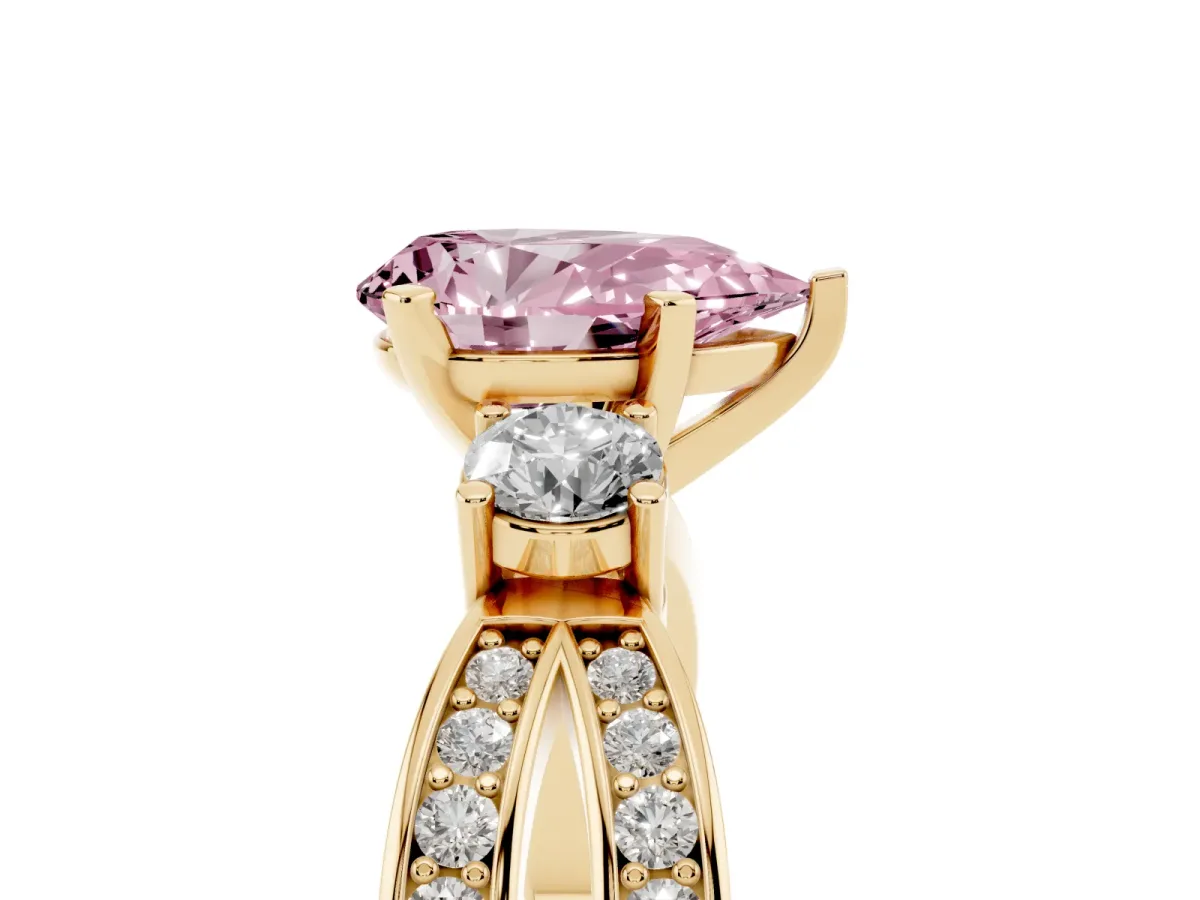 Fancy Pink Three-Stone Pear Cut Cut Diamond Twist Band with Prong Setting Yellow gold