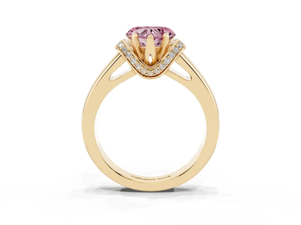 Fancy Pink Heart Cut Solitaire Diamond Ring with Pave Band and Six-Prong Setting Yellow gold