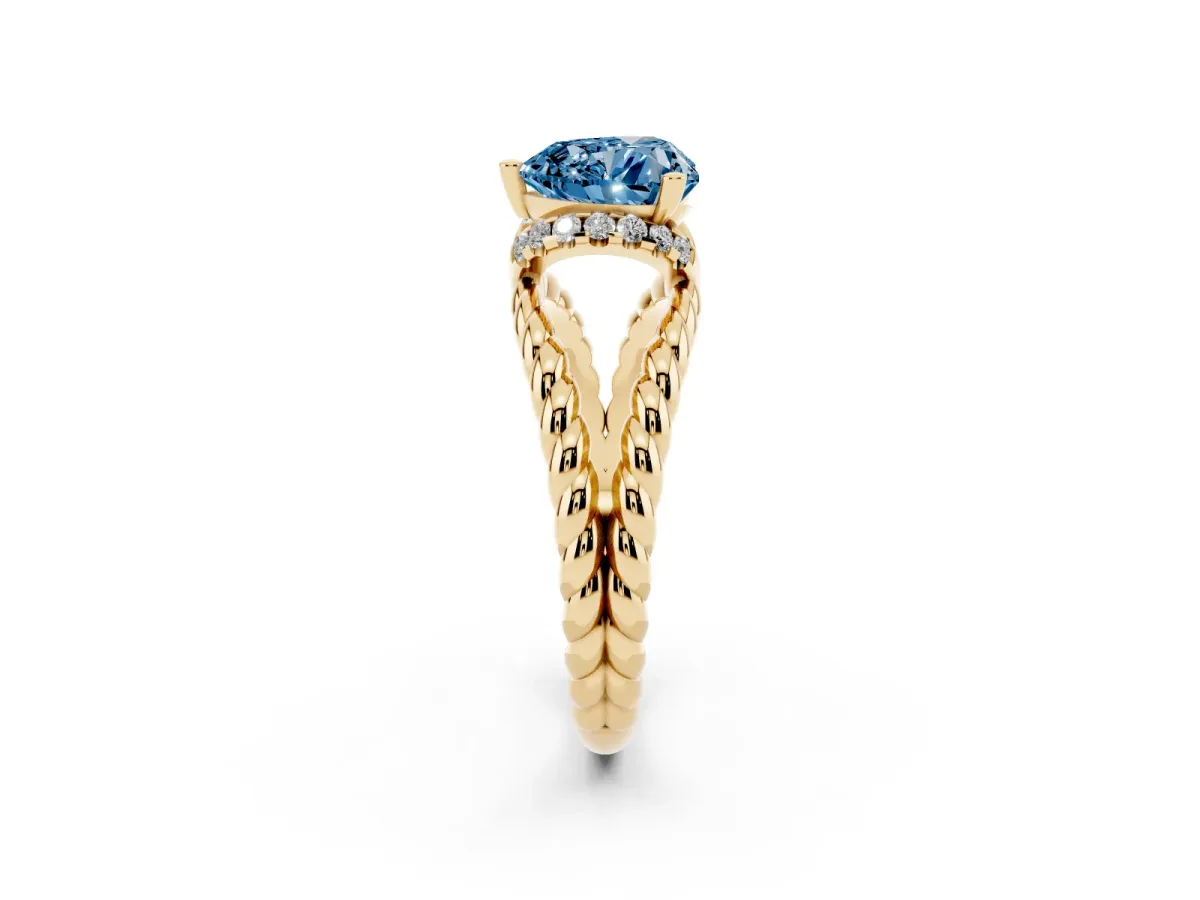 Fancy Blue Heart Cut Halo Twisted Band Four-Prong Ring Yellow gold