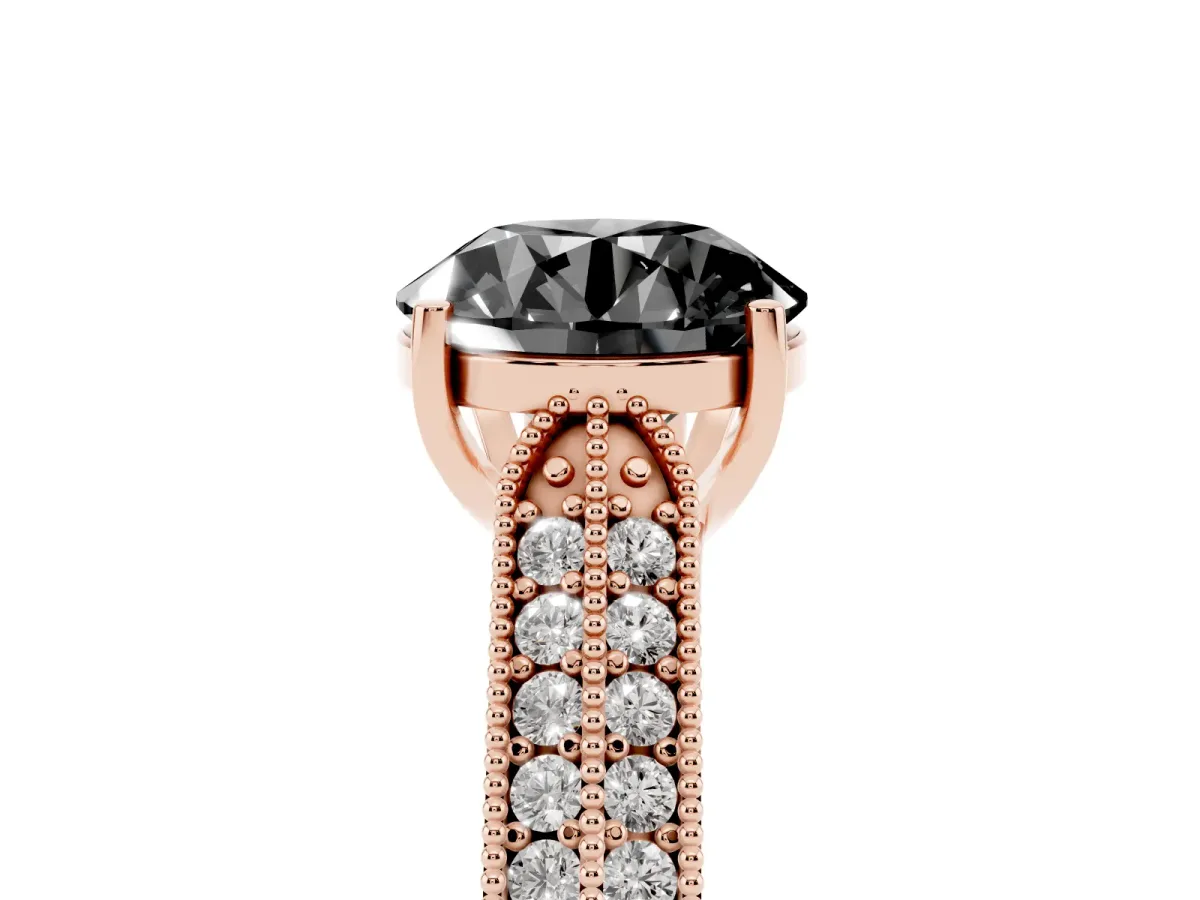 Fancy Black Round Cut Cut Pave Split Shank Engagement Ring with Four-Prong Setting Rose gold