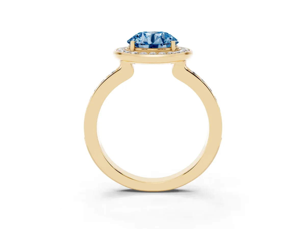 Fancy Blue Round Cut Diamond Halo Ring with Bezel Frame and Pavé Band Yellow gold