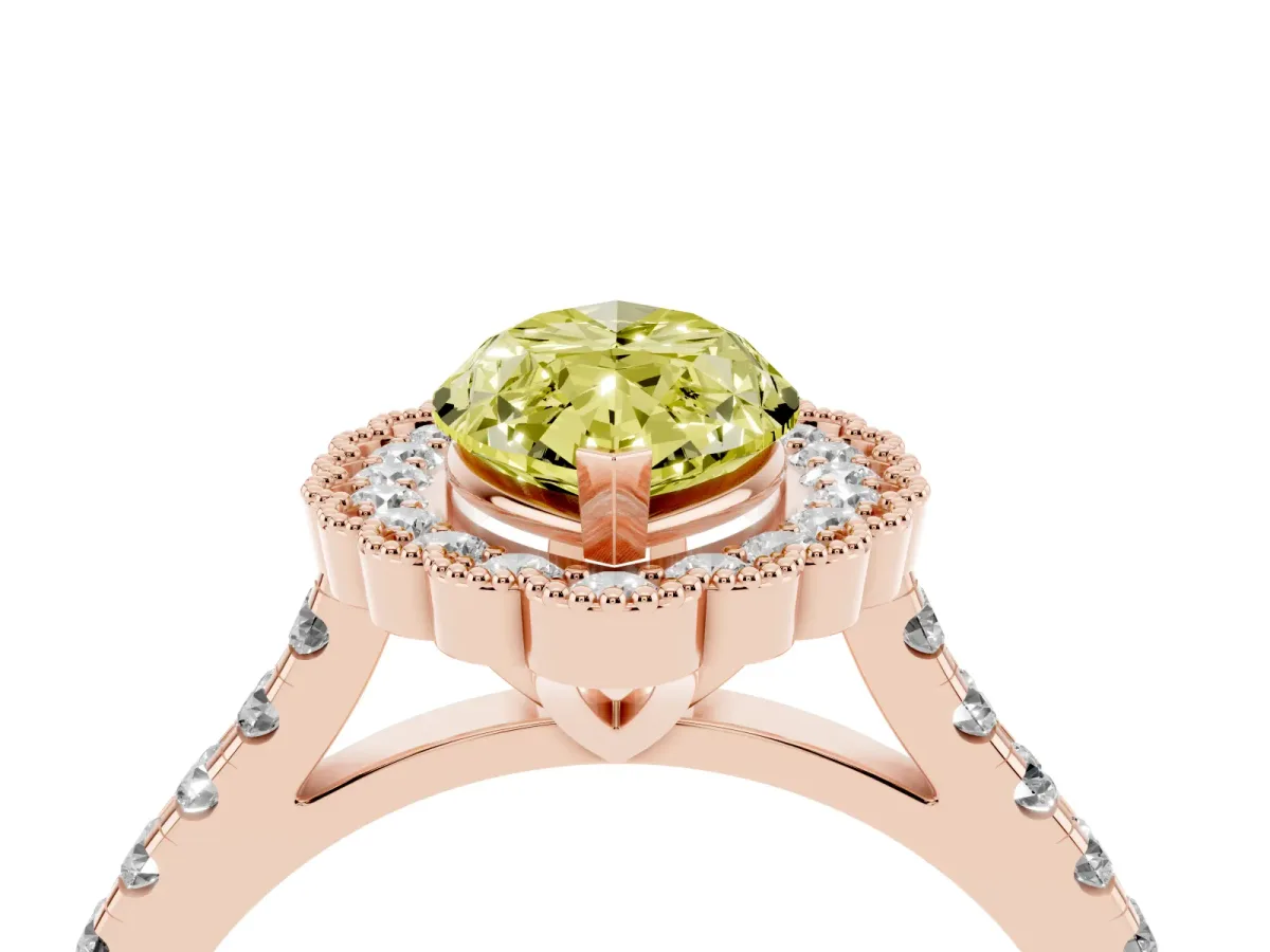 Fancy Yellow Marquise Cut Cut Diamond Milgrain Floral Halo Engagement Ring with Pavé Band Rose gold
