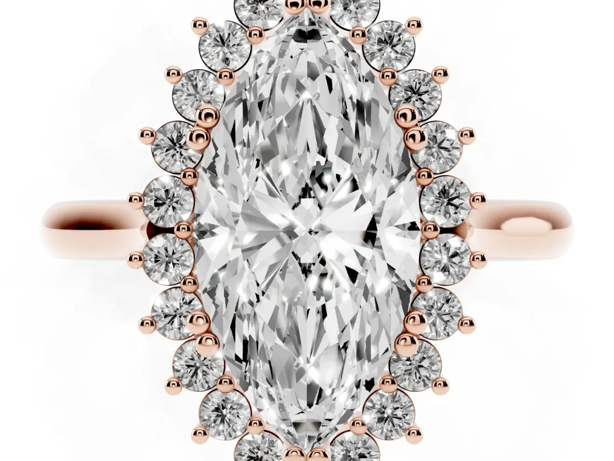 Marquise Cut Cut Diamond Halo Ring with Solitaire Band and Prong Setting Rose gold