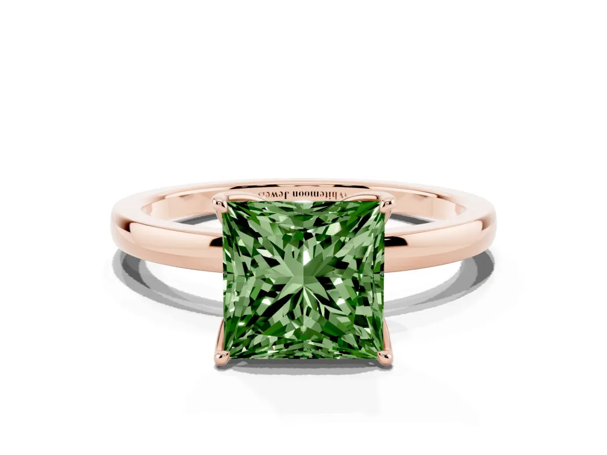 Fancy Green Princess Cut Diamond Solitaire Ring with Thin Band and Prong Setting Rose gold
