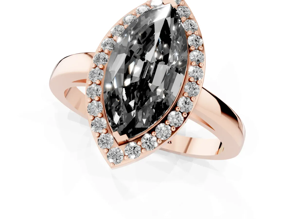 Fancy Black Marquise Cut Halo Diamond Ring with Solitaire Band and Prong Setting Rose gold