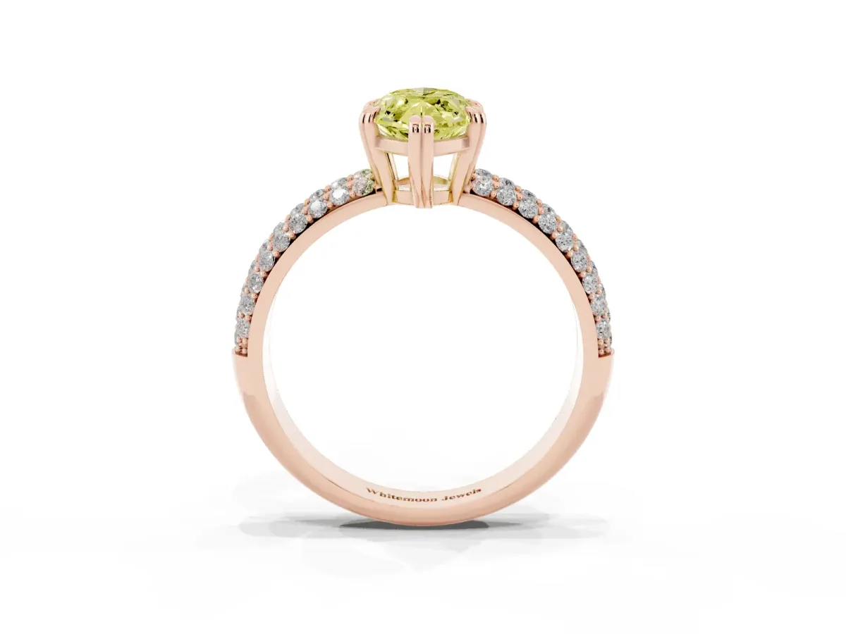 Fancy Yellow Marquise Cut Diamond Solitaire Ring with Multi-Row Round Pavé Band and Prong Setting Rose gold