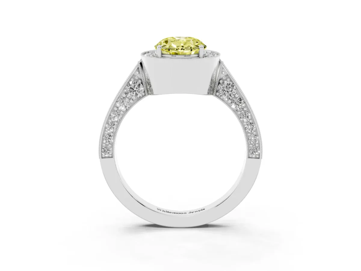 Fancy Yellow Oval Cut Halo Diamond Engagement Ring with Split Shank Band and Four-Prong Setting Silver