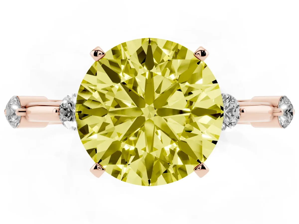 Fancy Yellow Round Cut Solitaire Diamond Ring with Bezel Set Side Stones and Prong Setting Rose gold