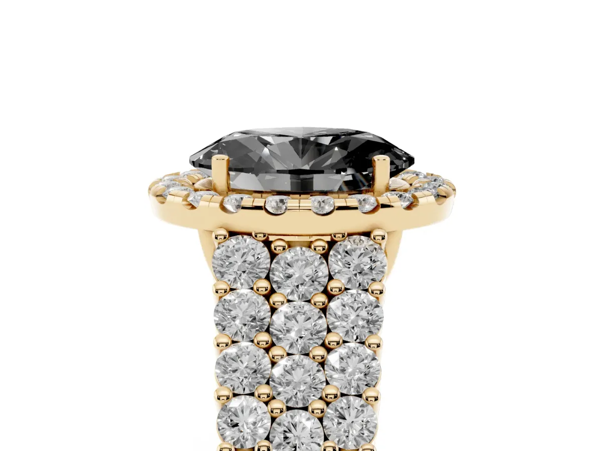 Fancy Black Oval Cut Diamond Halo Engagement Ring with Triple Row Round Pavé Band and Prong Setting Yellow gold