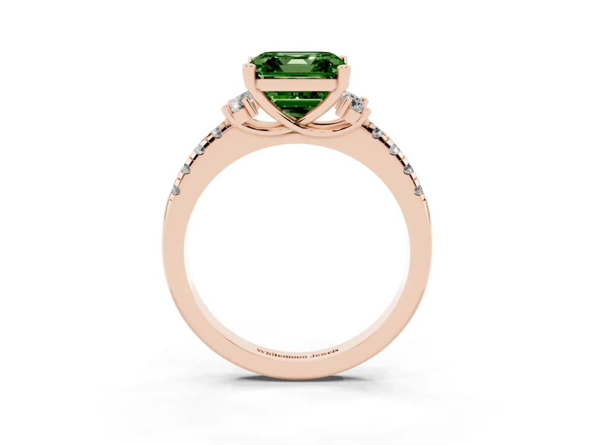 Fancy Green Asscher Cut Diamond Three-Stone Pave Band with Four-Prong Setting Rose gold