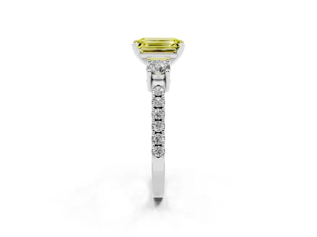 Fancy Yellow Emerald Cut Three-Stone Diamond Pavé Band with Prong Setting Platinum