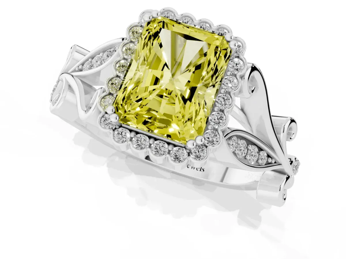 Fancy Yellow Radiant Cut Diamond Halo Ring with Vintage Split Shank and Four-Prong Setting Silver