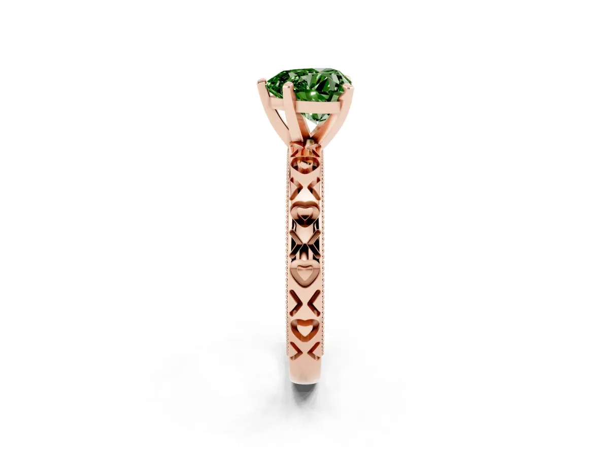 Fancy Green Heart Cut Solitaire Diamond Engagement Ring with XO Engraved Band and Four-Prong Setting Rose gold