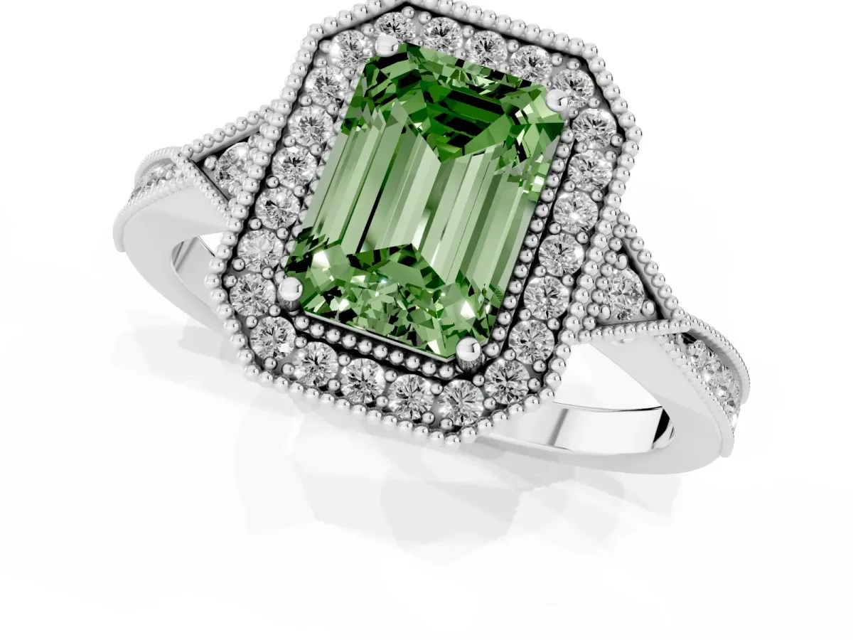 Fancy Green Emerald Cut Halo Round Diamond Milgrain Pave Engagement Ring Platinum