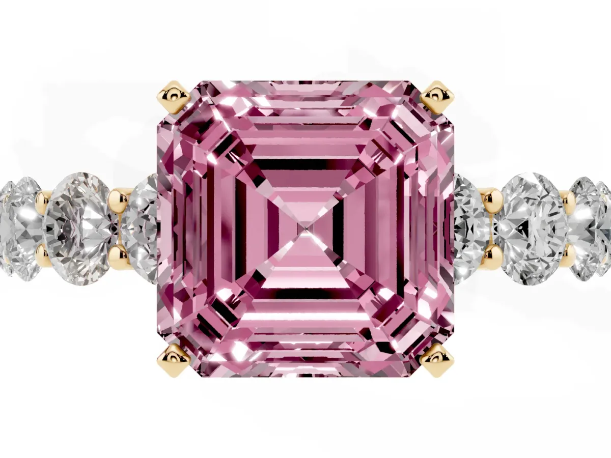 Fancy Pink Asscher Cut Diamond Prong Setting with Side Stones on a Pave Band Yellow gold
