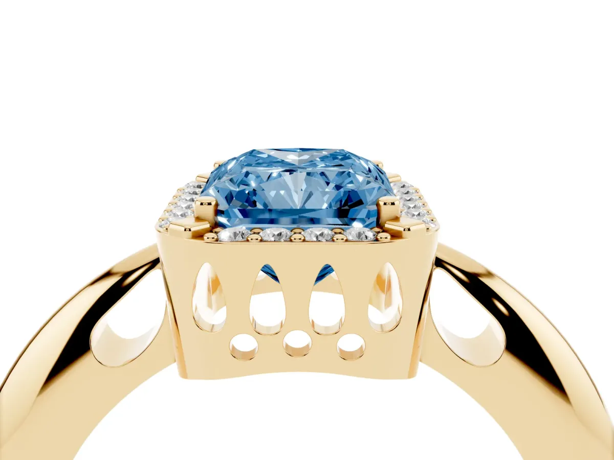 Fancy Blue Radiant Cut Cut Diamond Halo Engagement Ring with Split Shank and Four-Prong Setting Yellow gold
