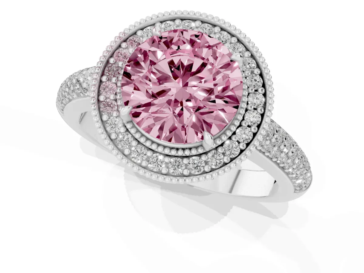 Fancy Pink Round Cut Cut Halo Diamond Pave Band with Four-Prong Setting Silver