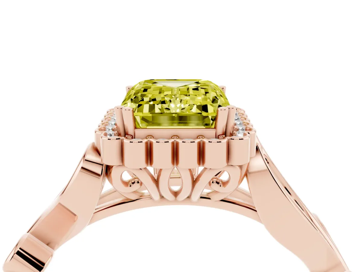 Fancy Yellow Emerald Cut Diamond Halo Ring with Vintage Split Shank and Four-Prong Setting Rose gold