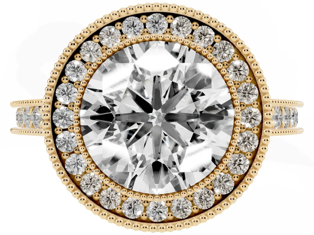 Halo Round Cut-Cut Diamond Pave Band Milgrain Prong Setting Ring Yellow gold