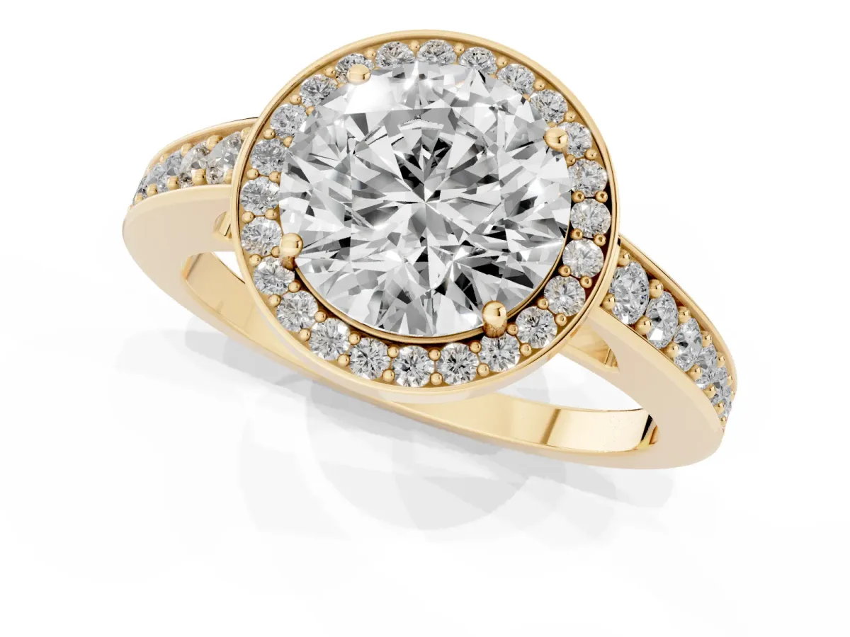 Round Cut Halo Pavé Diamond Engagement Ring with Bezel Setting Yellow gold