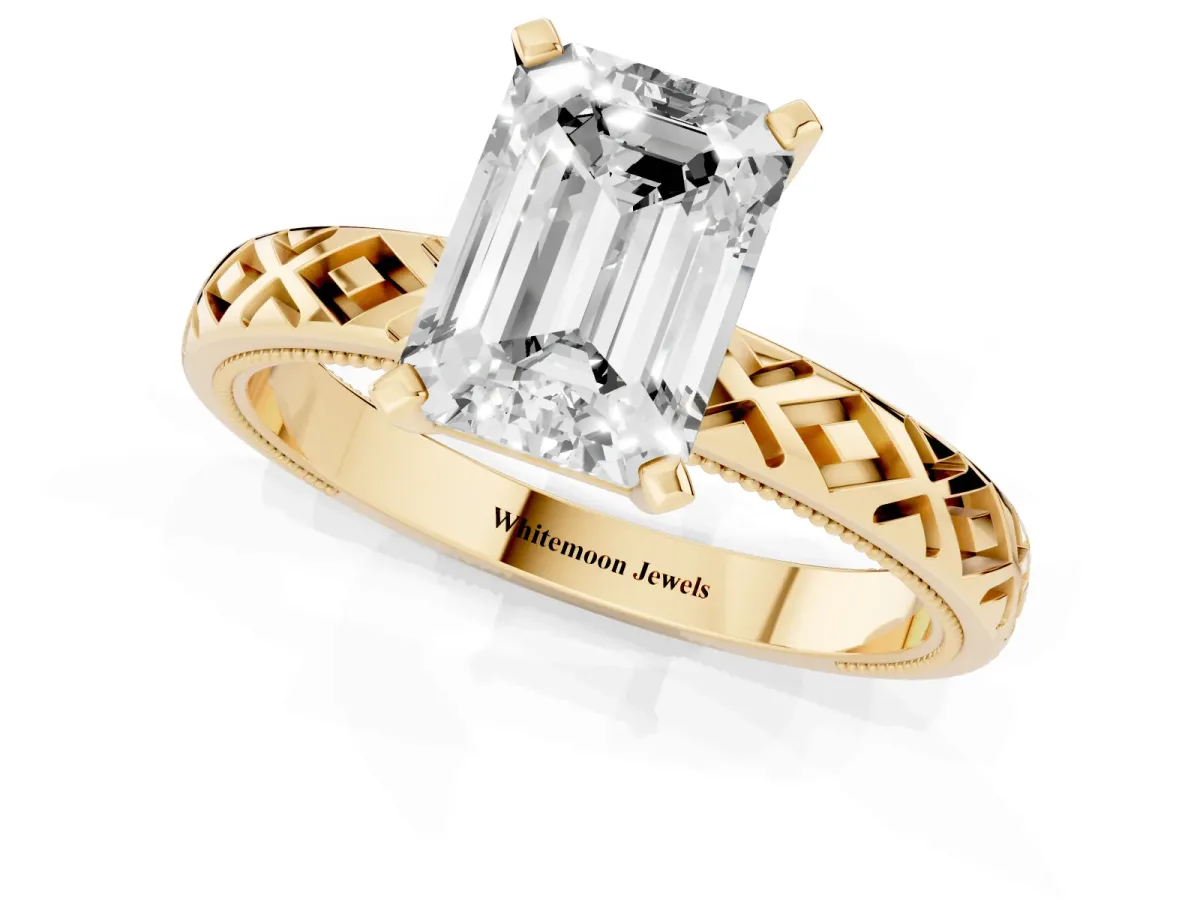Emerald Cut Solitaire Diamond Ring with Milgrain and Black Enamel X Pattern Band Yellow gold