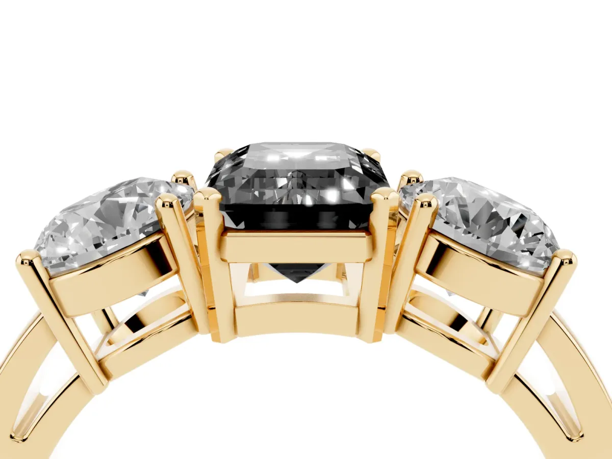 Fancy Black Three-Stone Emerald Cut Diamond Ring with Round Side Stones, Classic Band, and Four-Prong Setting Yellow gold