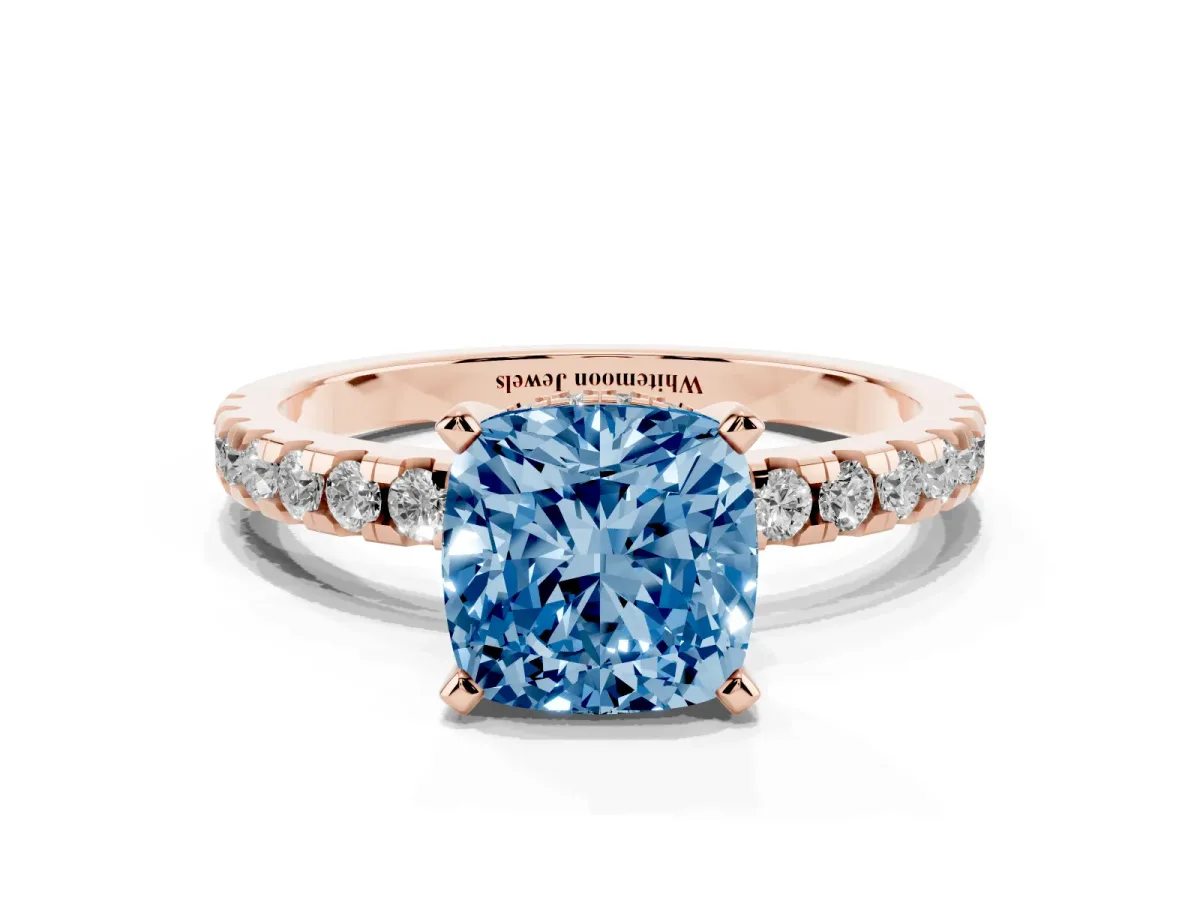 Fancy Blue Cushion Cut Diamond Solitaire Ring with Round Pavé Band and Four-Prong Setting Rose gold