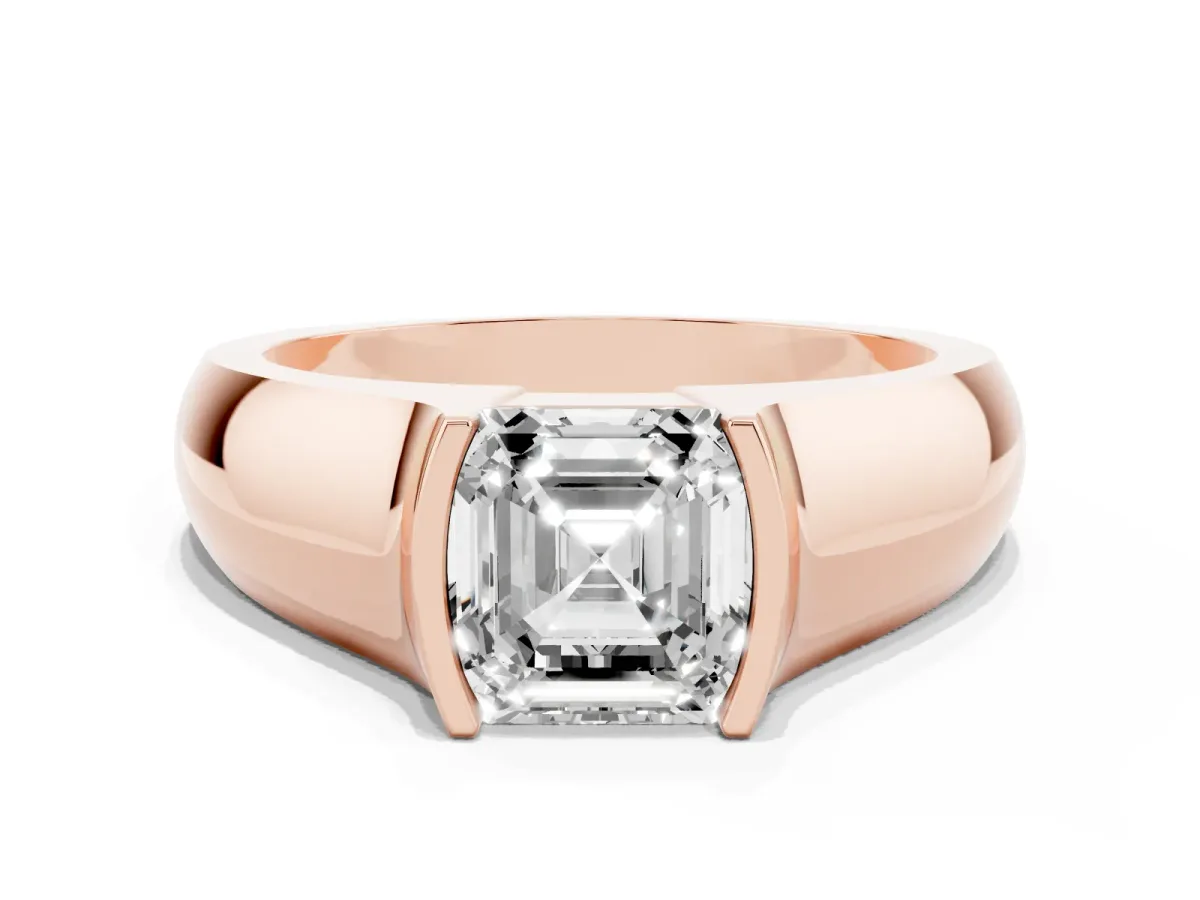 Asscher Cut Solitaire Bezel Set Diamond Ring with Wide Band Rose gold
