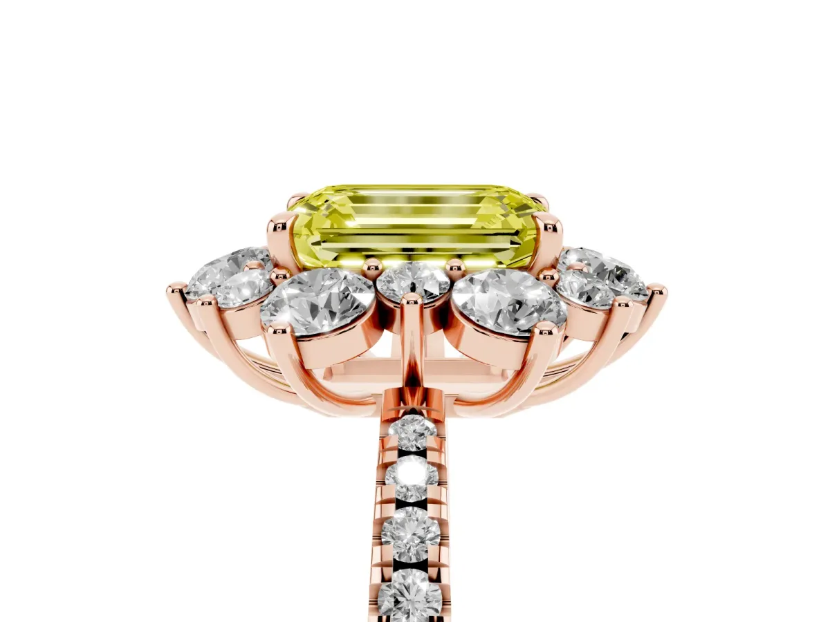 Fancy Yellow Emerald Cut Diamond Floral Halo Ring with Round Pavé Band and Prong Setting Rose gold